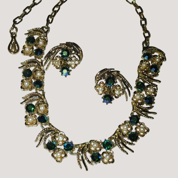 Coro Gold Tone AB Necklace Clip On Earrings Vintage Set Faux Pearls Blue Green - Picture 3 of 10